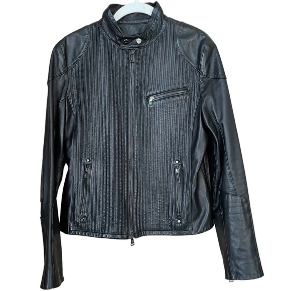 Ralph Lauren Black Label Vertical Paneled Lamb Leather Moto Biker Jacket Size 10